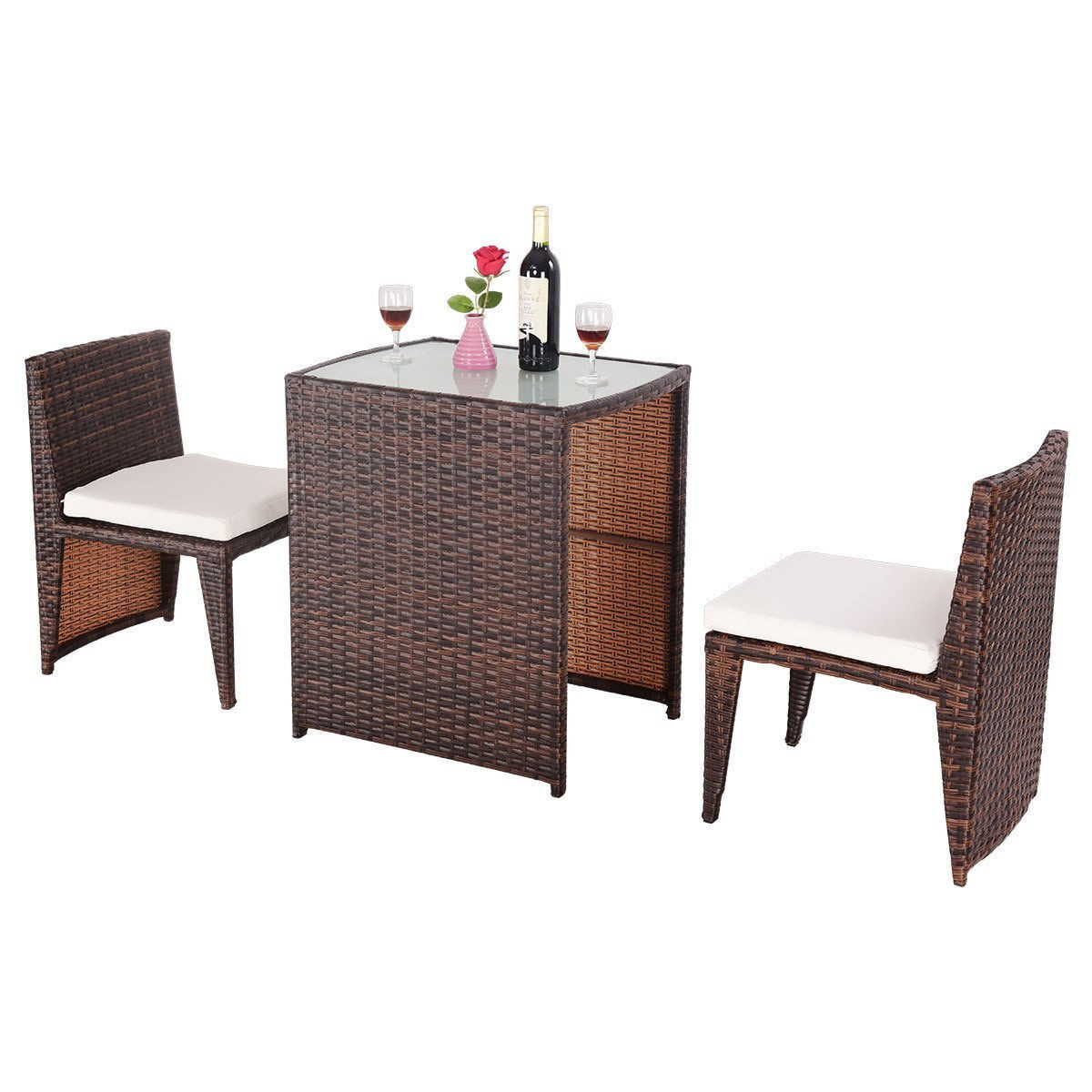 3 Pcs Cushioned Outdoor Wicker Patio Ergonomic Set Outdoor Small Space Furniture