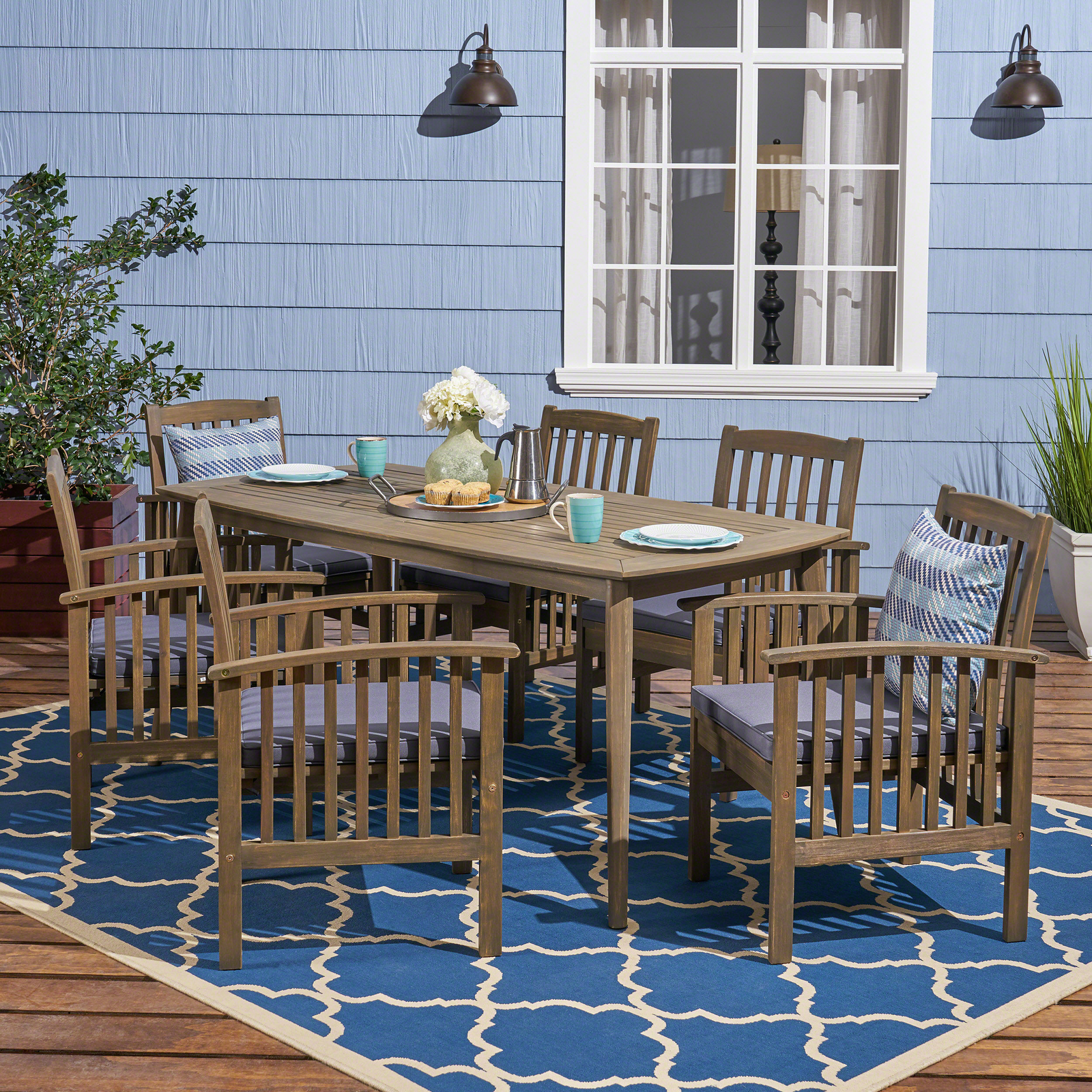 Phoenix Outdoor Acacia 6-Seater Dining Set with Cushions and 71″ Rectangular Tab