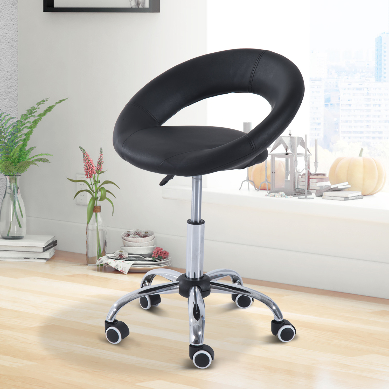 Adjustable Swivel Hydraulic Leather Salon Stool Rolling Chair, Black