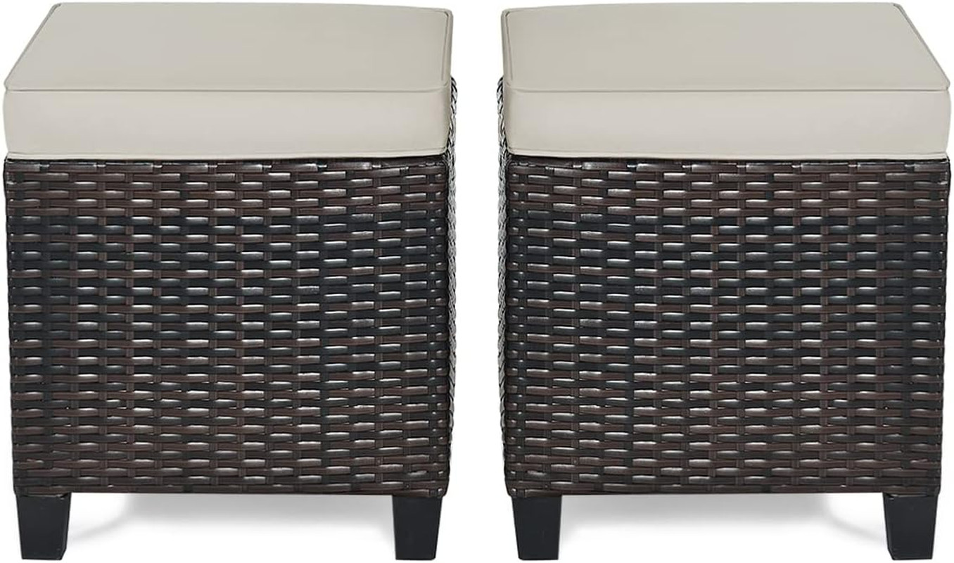 2-Piece Patio Ottoman Set – Wicker Footstools, All Weather PE Rattan Ottoman wit