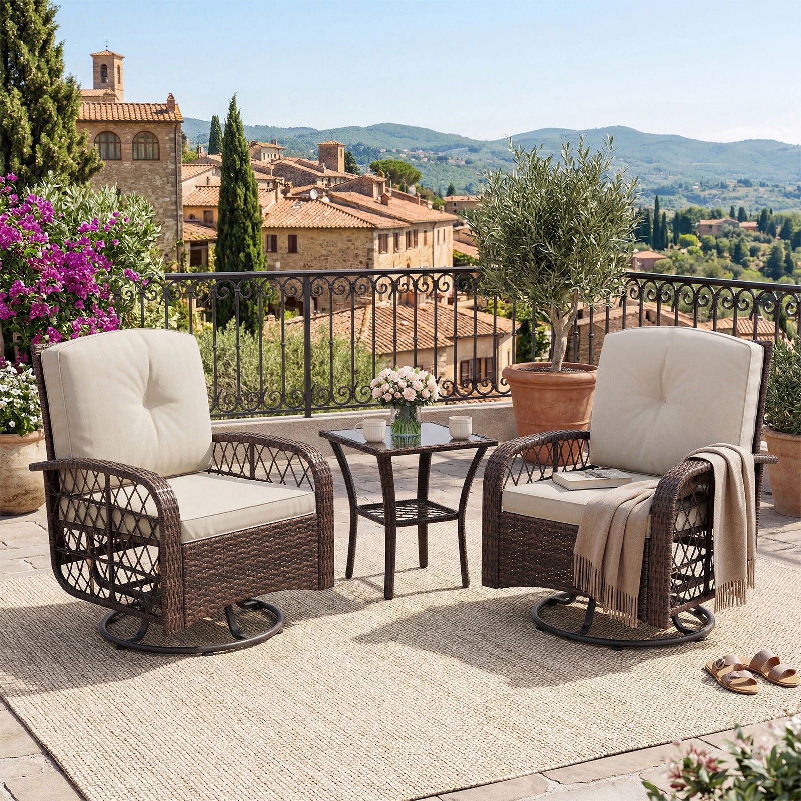 3-Piece Outdoor Wicker Furniture Comfort Swivel Rocker Patio Chair w/Side Table