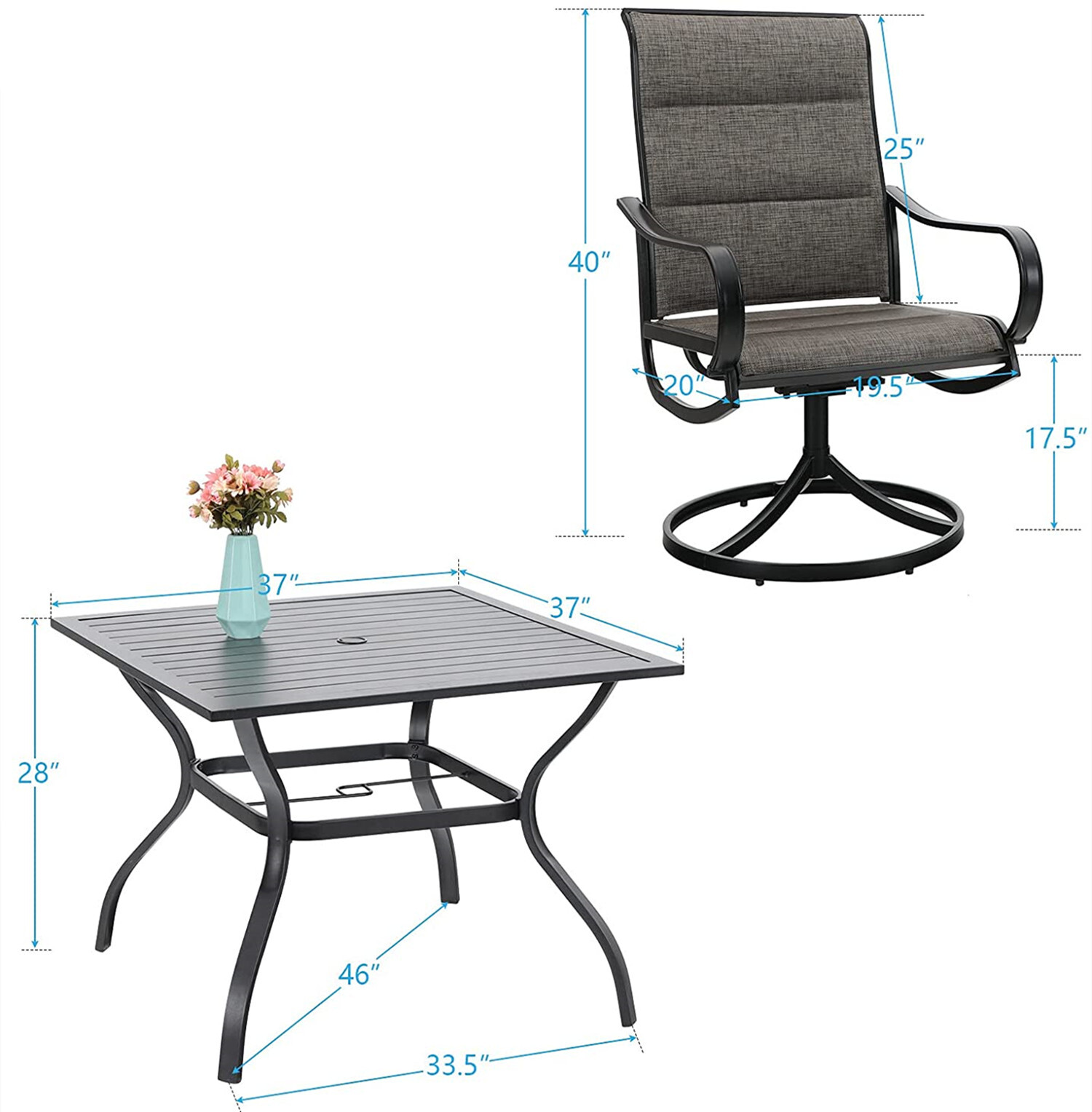 PHI VILLA Patio Furniture Set of 6 w/ Umbrella Swivel Chairs Outdoor Dining Set