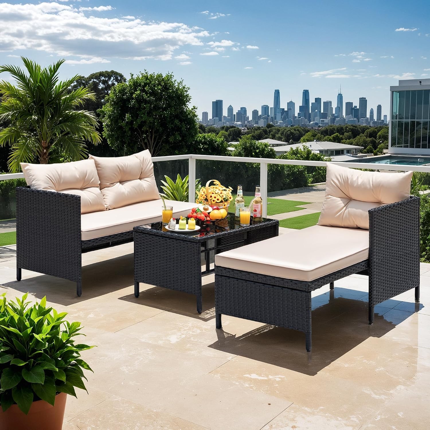 3 Piece Outdoor Patio Furniture Set Rattan Sectional Sofa Glass Table Beige Set