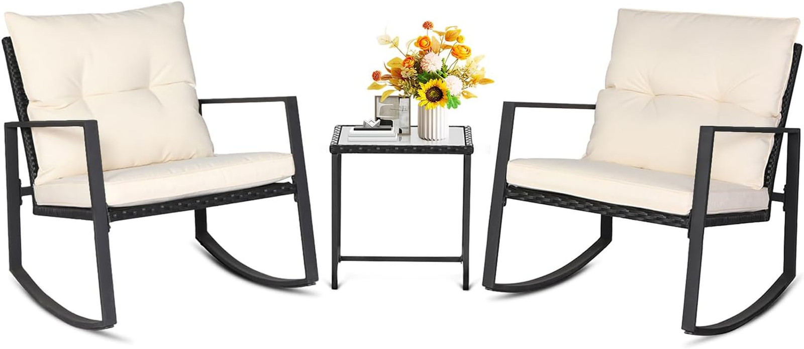 3 Piece Outdoor Rocking Bistro Set Black Wicker Furniture Porch Chairs Conversat