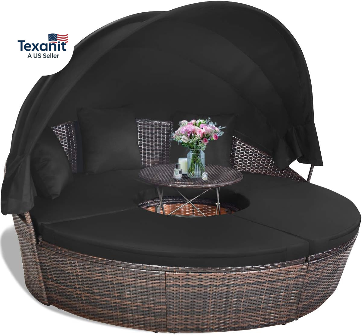 Patio round Daybed with Retractable Canopy, Outdoor Wicker Rattan Furniture Sets