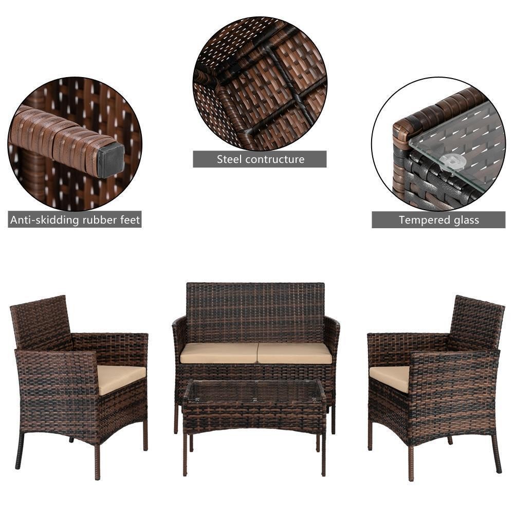 Patio Set 4 Pcs Outdoor Wicker Sofas Rattan Chairs with Cushions Wicker Table