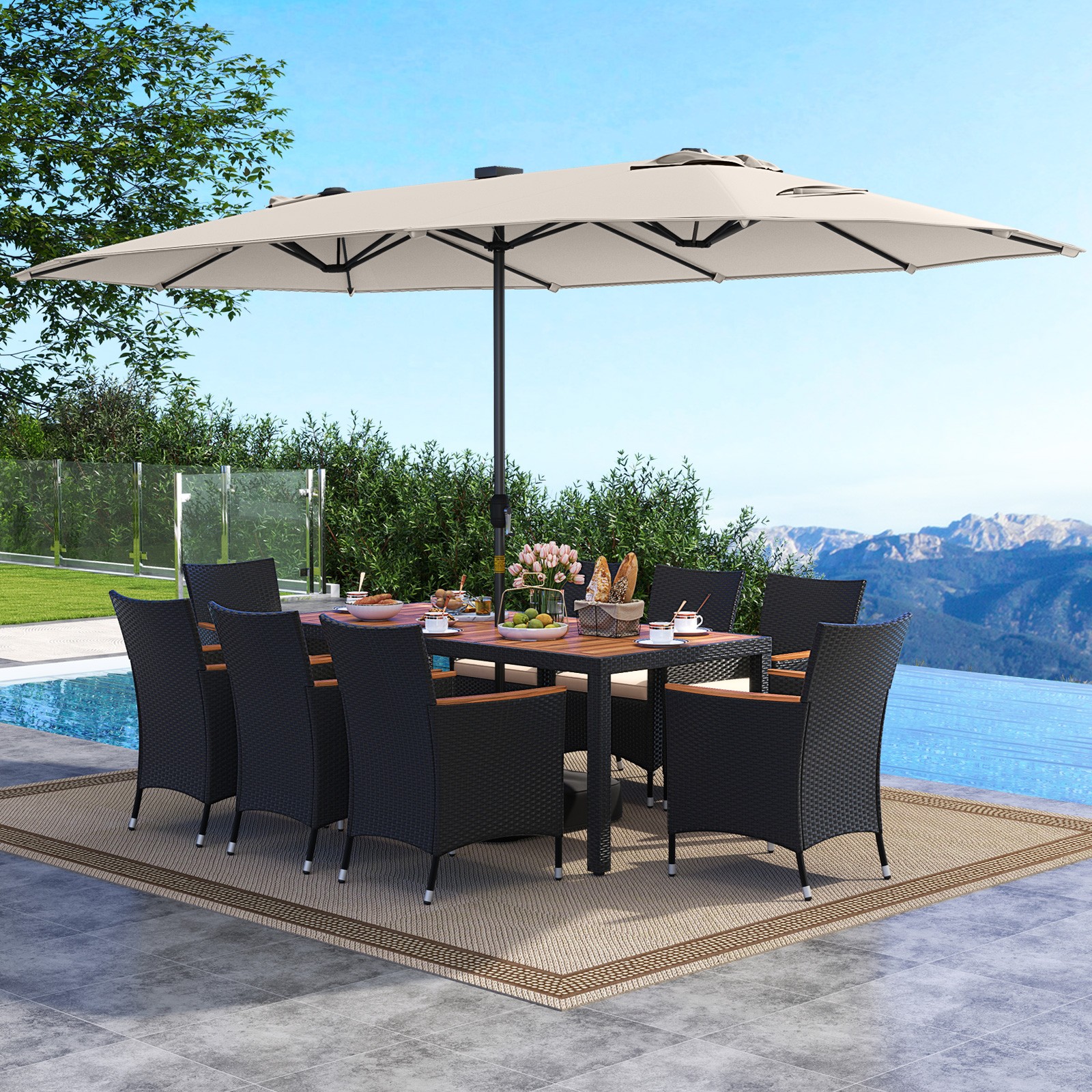 11 PCS Patio Dining Set with 15ft Double-Sided Patio Umbrella (Base Included)