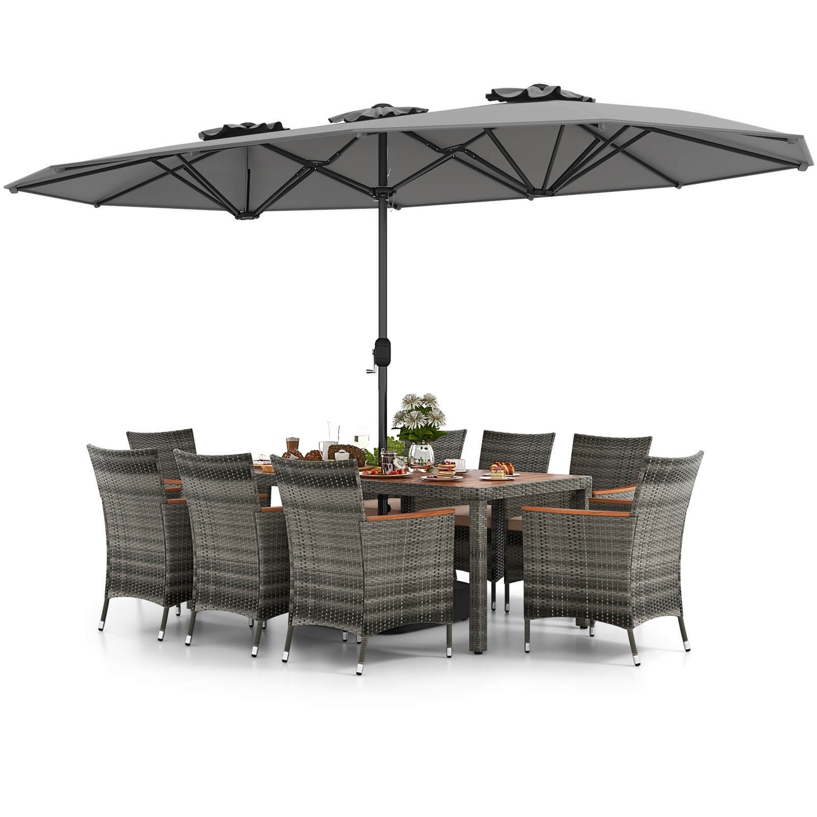 10 PCS Patio Wicker Dining Set w/ Double-Sided Patio Umbrella 8 Armchairs