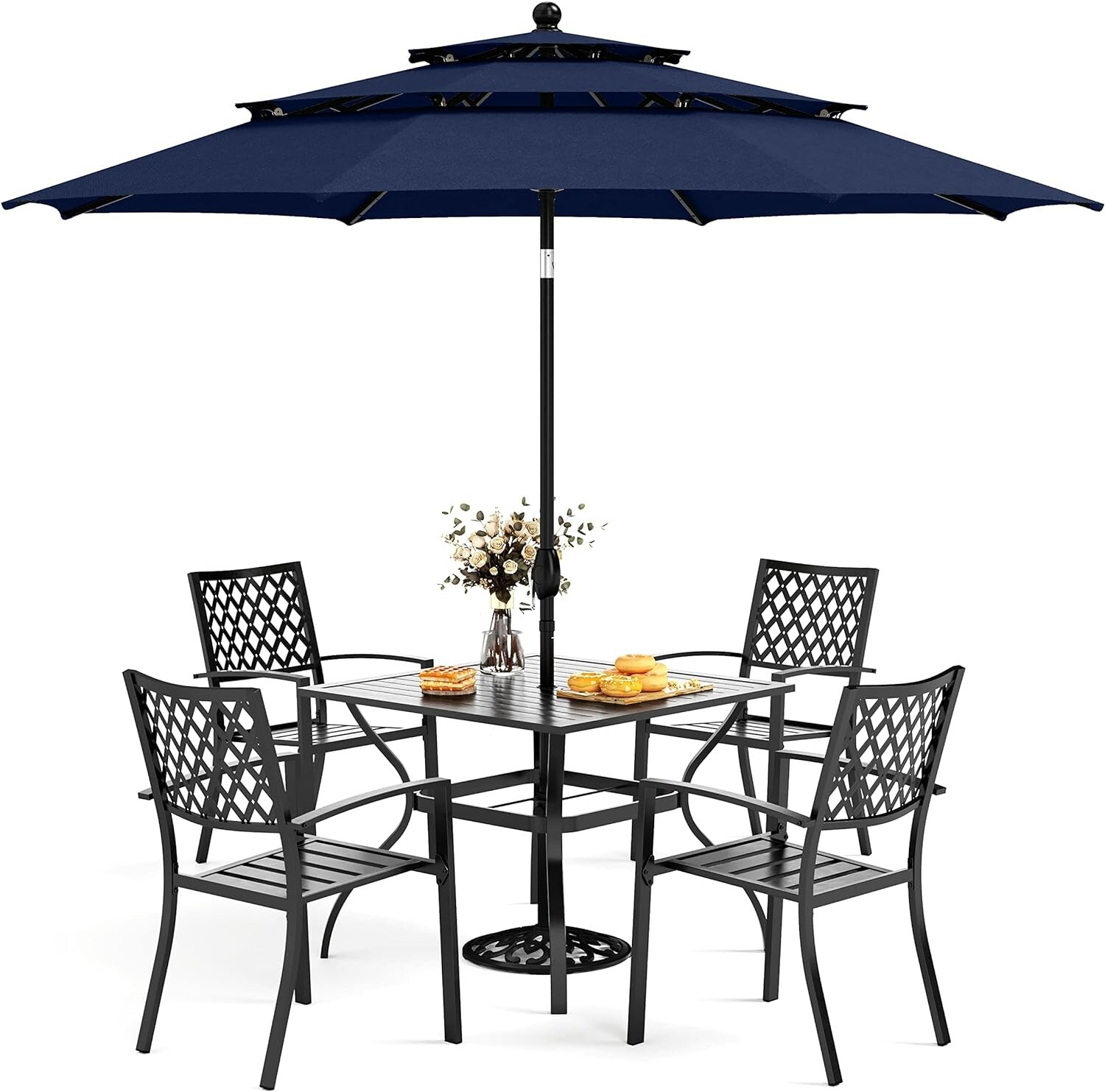 6 Piece Patio Dining Set Outdoor Patio Table and Chairs with Umbrella,Navy Blue