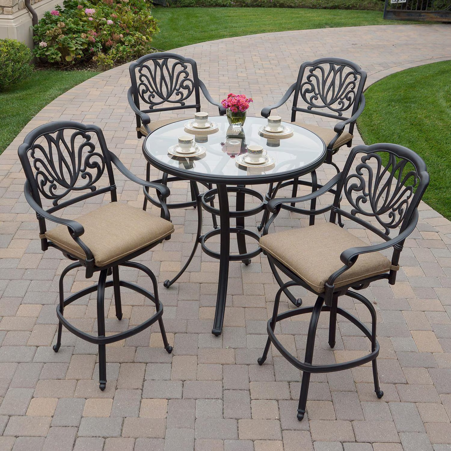Elisabeth 5 Pc Cast Aluminum Bar Set 42 Inch Round Classic Table in Antique