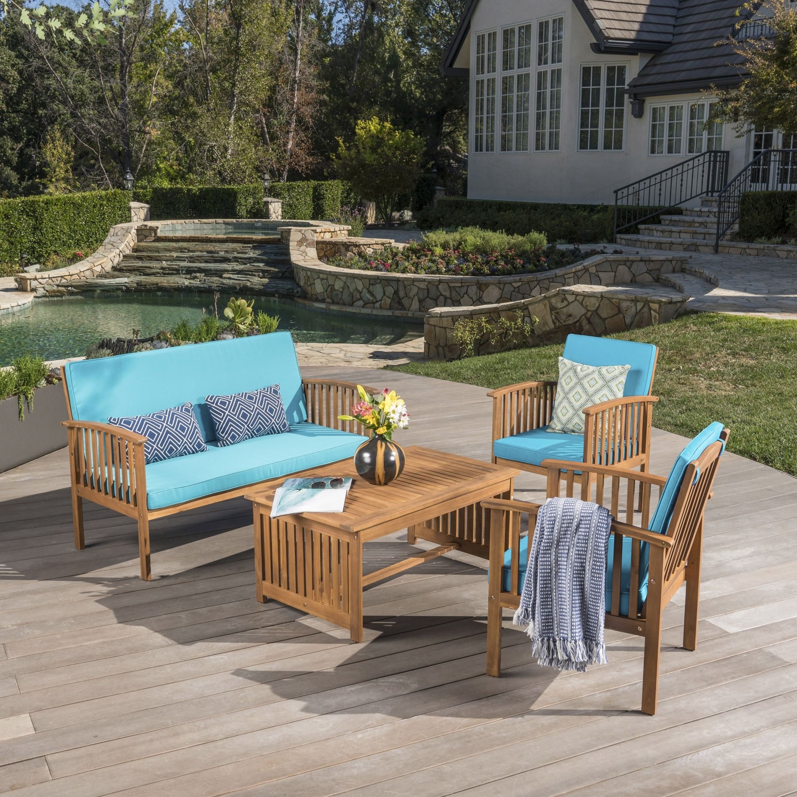 Cape Town Outdoor Acacia Wood Sofa Set with Water Resistant Cushions