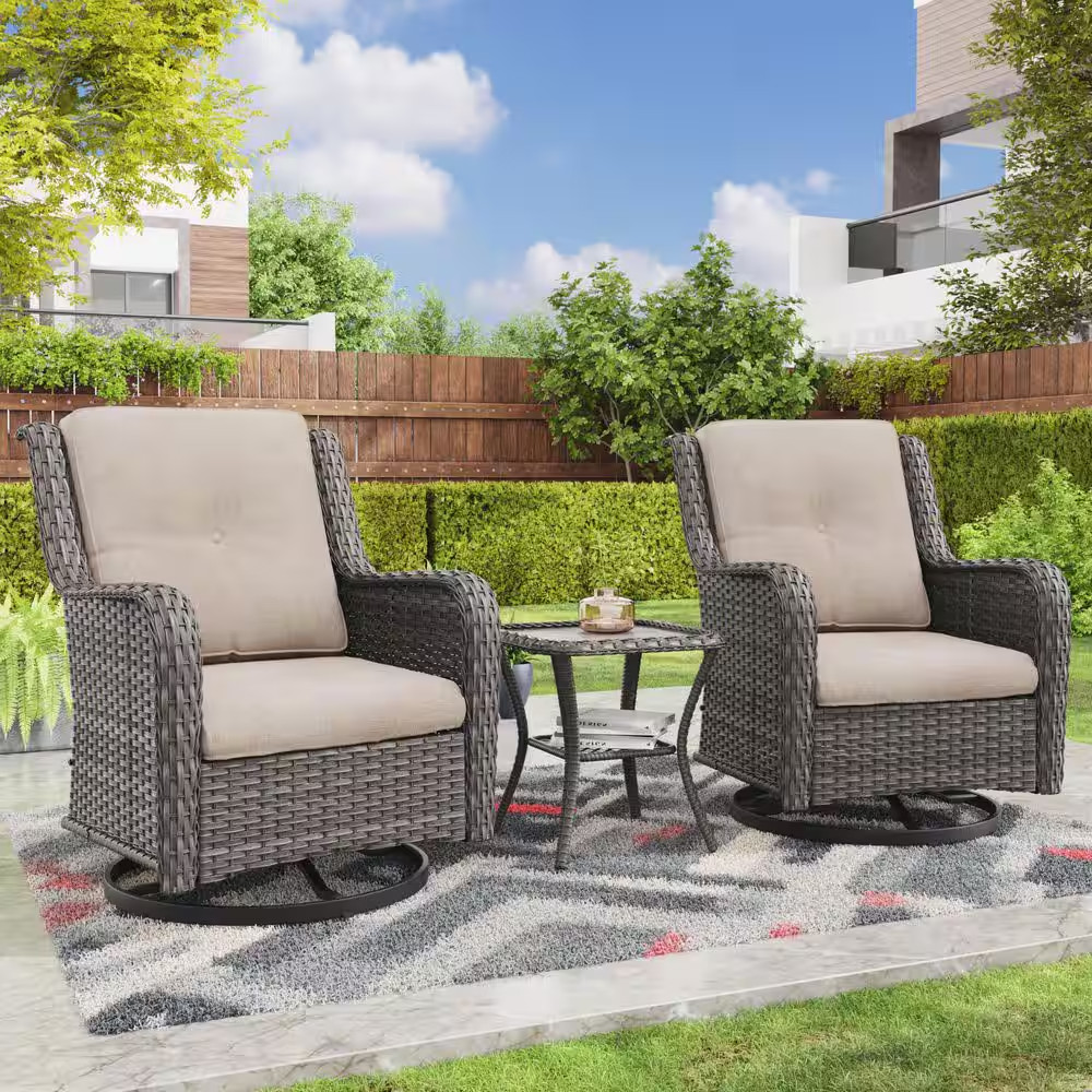 3-Piece Wicker Swivel Outdoor Rocking Chairs Patio Conversation Set with Beige C