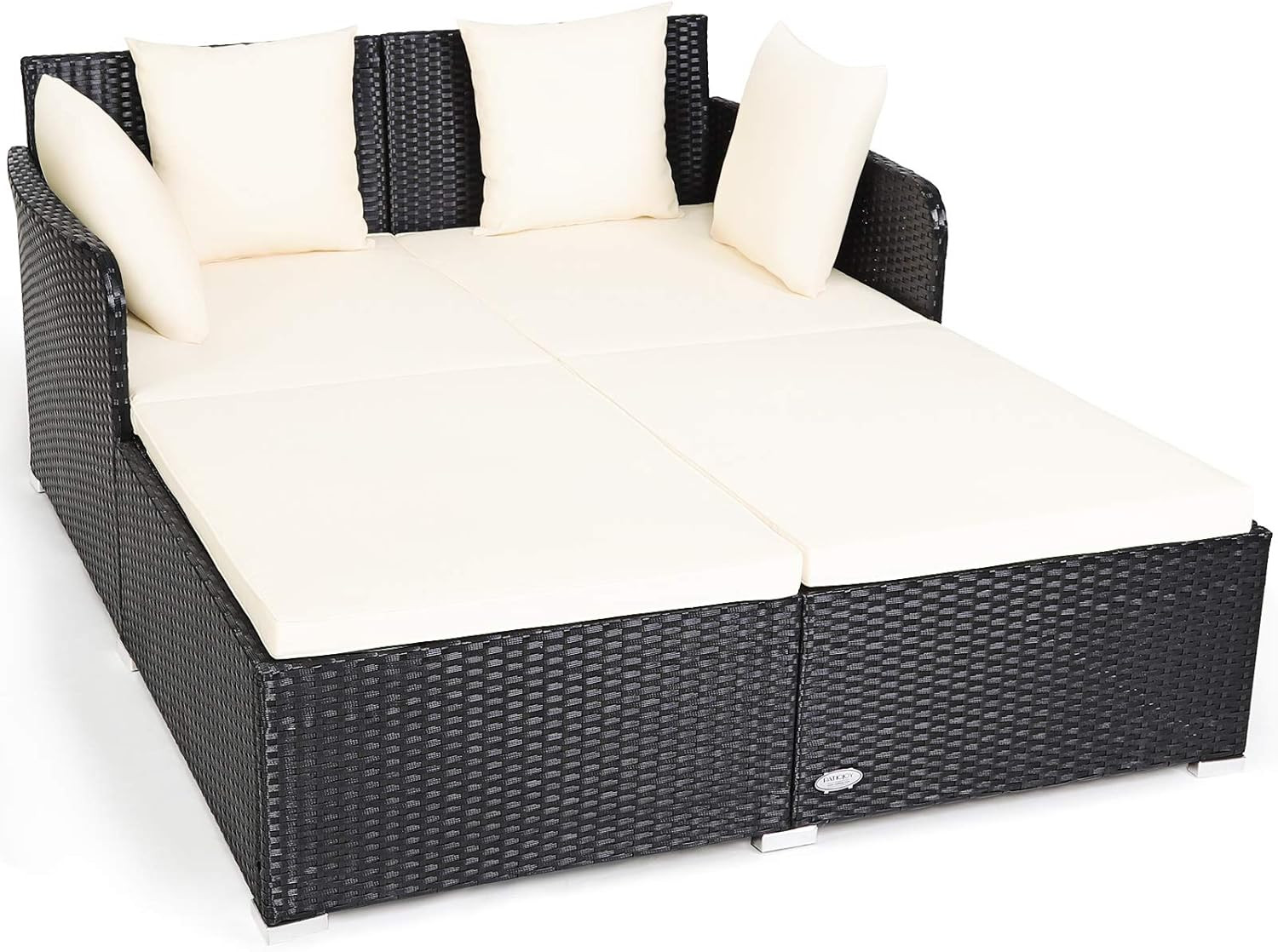 Beige Rattan Daybed Sofa with Cushions & Pillows for Outdoor Relaxation