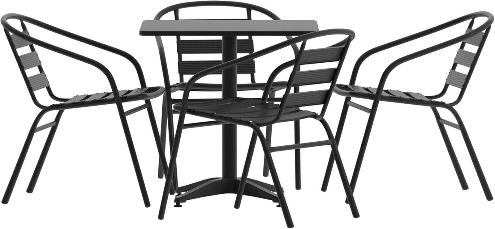 Lila 27.5” Square Aluminum Table Set with 4 Black Slat Back Chairs
