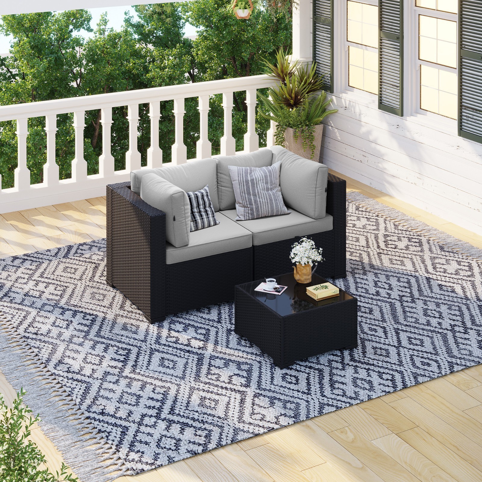3-Piece Patio Furniture Set Outdoor Rattan Sofa Light Gray Cushions Coffee Table