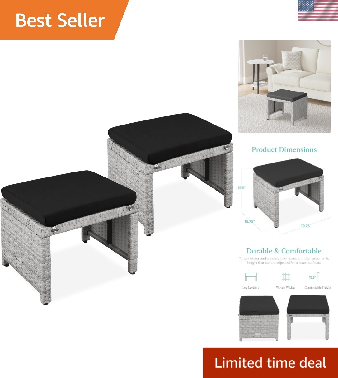 Set of 2 Elegant Wicker Ottomans for Outdoor Seating & Versatile Side Tables
