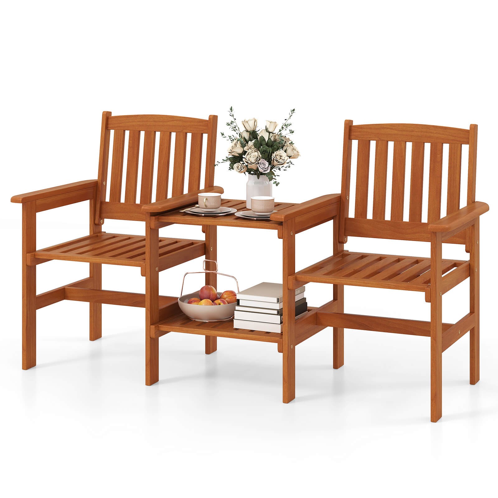 Outdoor Wood Bench Loveseat w/ Built-in Table 1.57″ Umbrella Hole for Porch