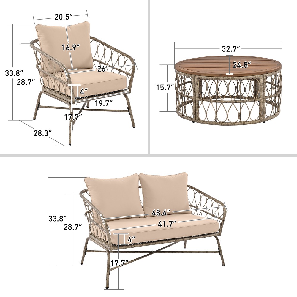 Bohemian 4-Person Patio Set w/Removable Cushions & Wood Table Top