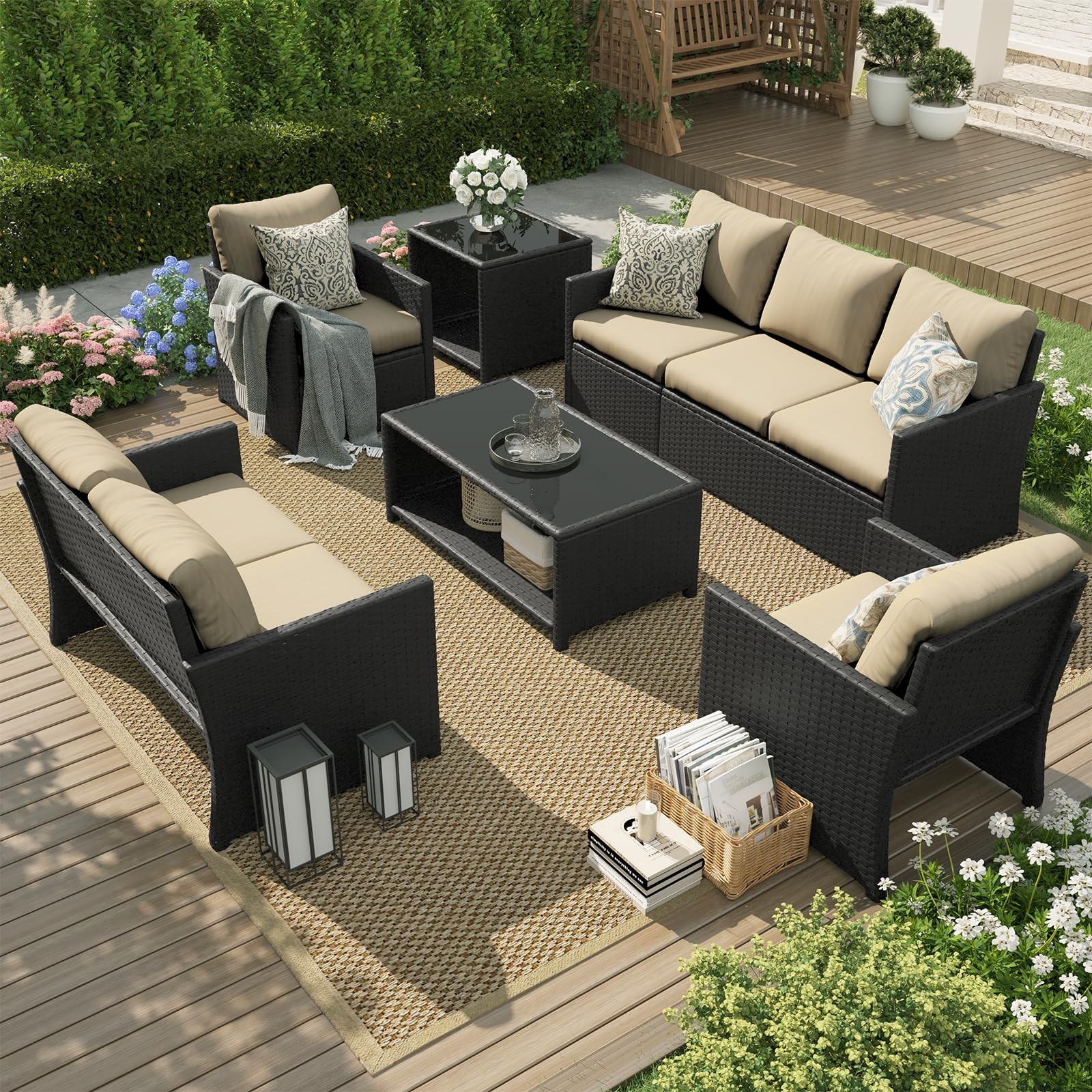 7 Piece Outdoor Patio Set Wicker Conversation Furniture with Two Tables Garden