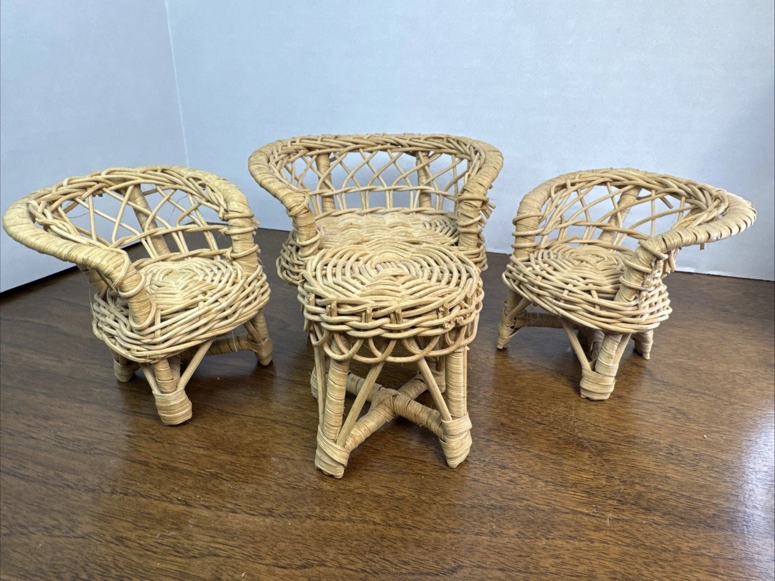 Dollhouse Furniture – Vintage Wicker Patio Conversation Set Chairs Table Couch