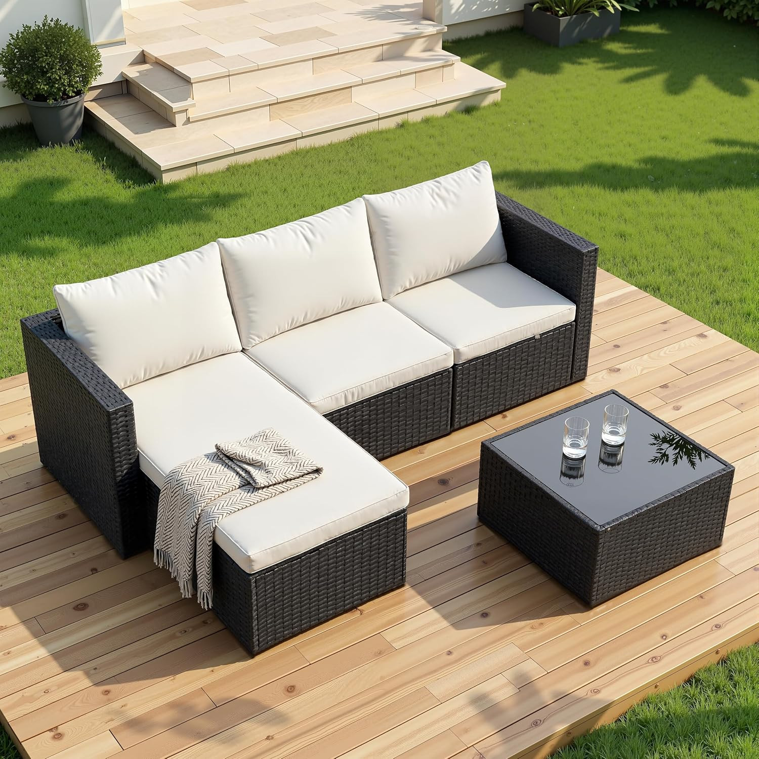 4 Pieces Patio Furniture Set, 2-In-1 Convertible Sectional Sofa & Chaise Lounge,