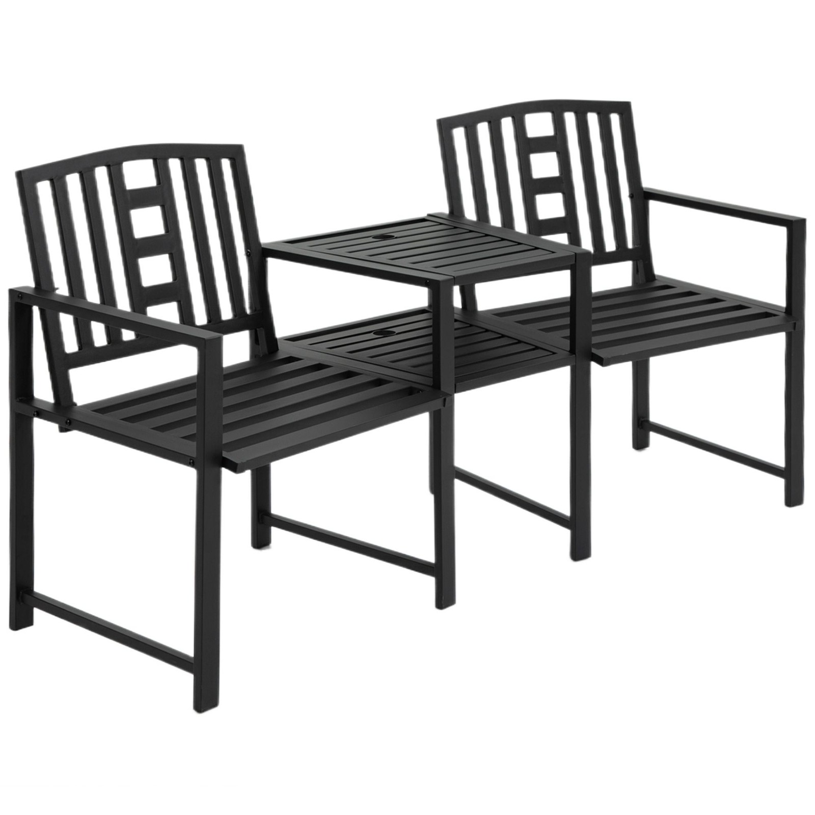 Black Metal Garden Bench: 2 Seats + Center Table, 264lb Capacity