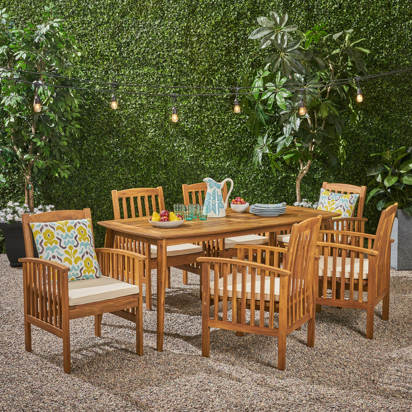 Phoenix Outdoor Acacia 6-Seater Dining Set with Cushions and 71″ Rectangular Tab