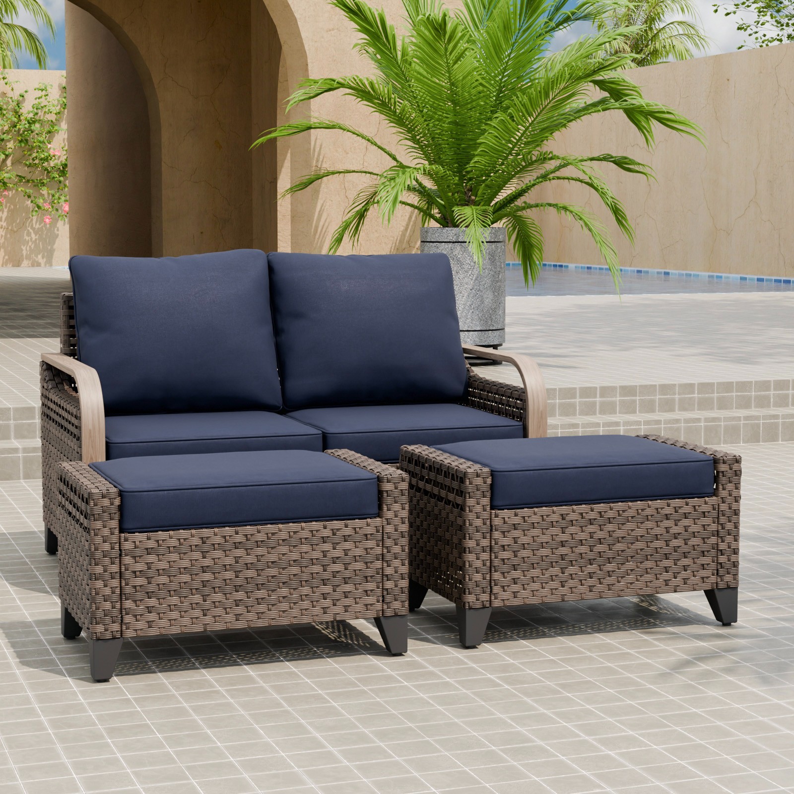 EAGLE PEAK Modern Wicker Outdoor Patio Furniture Set 3PCS Furniture Sofa Set