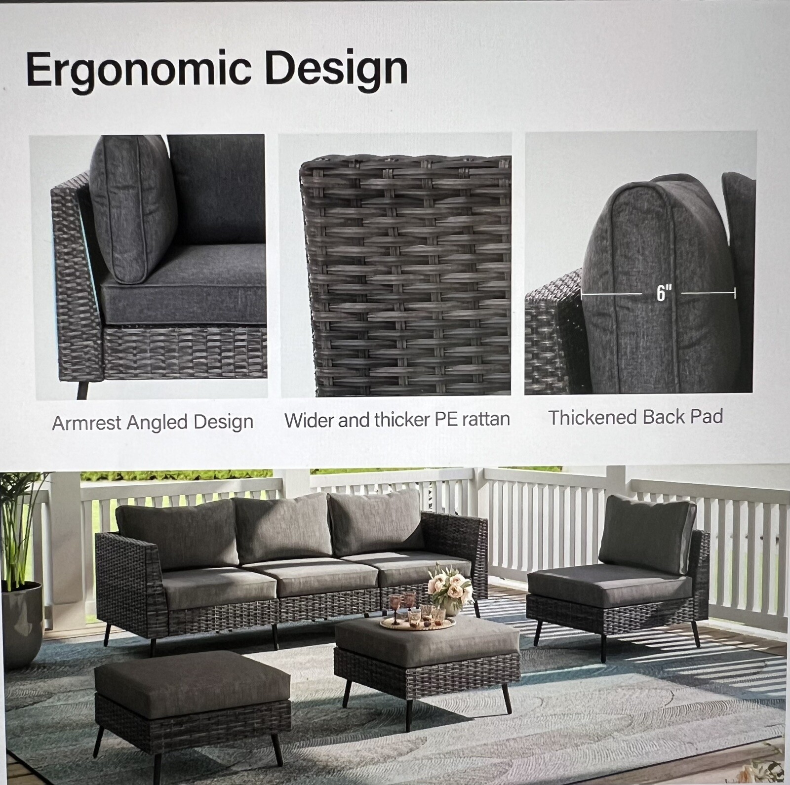 LAUSAINT HOME 6 Pieces Patio Conversation Set, Outdoor Sectional Wicker Sofa PE