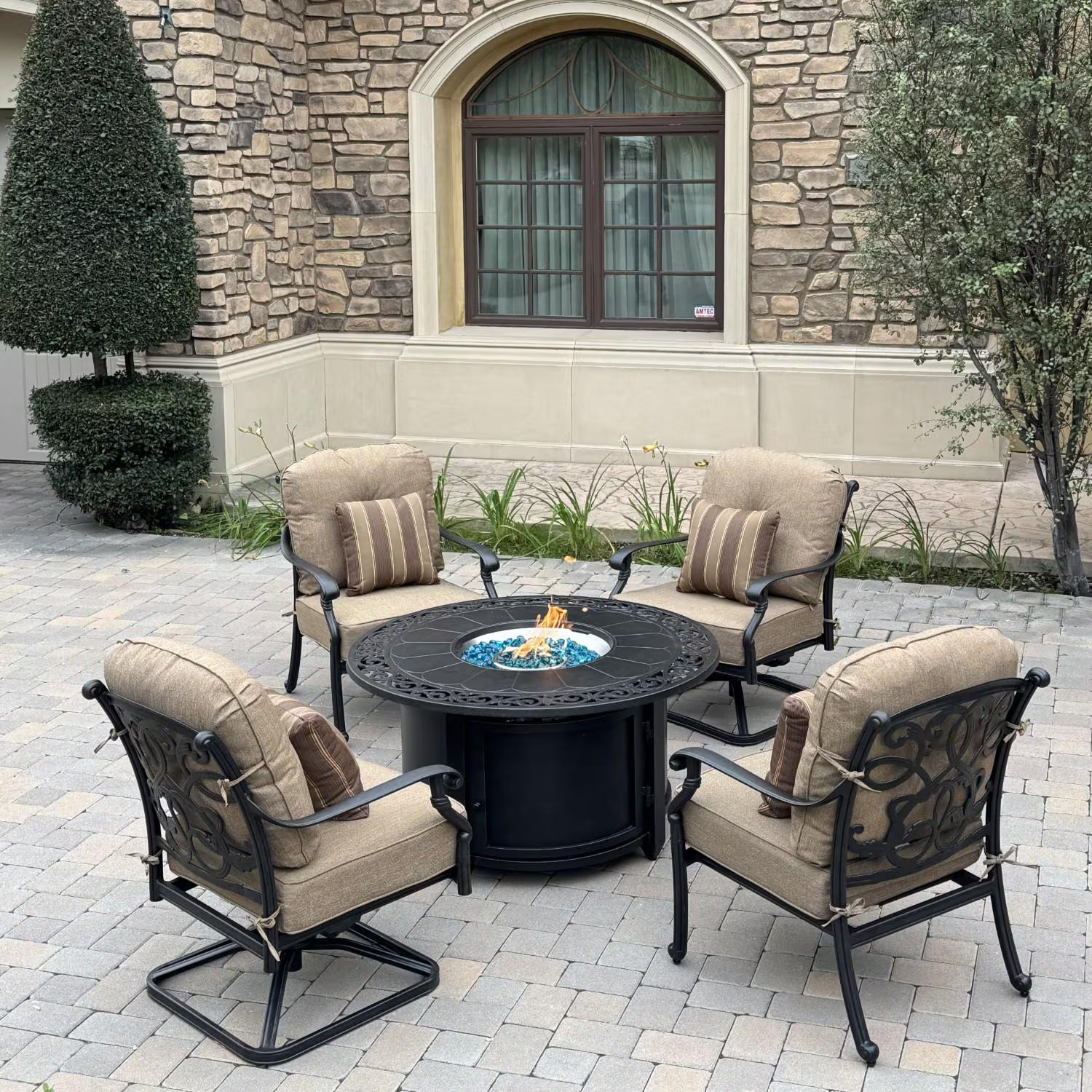 Santa Monica 5 Pc Cast Aluminum Fire Pit Seating Set in Antique Bronze/Sesame