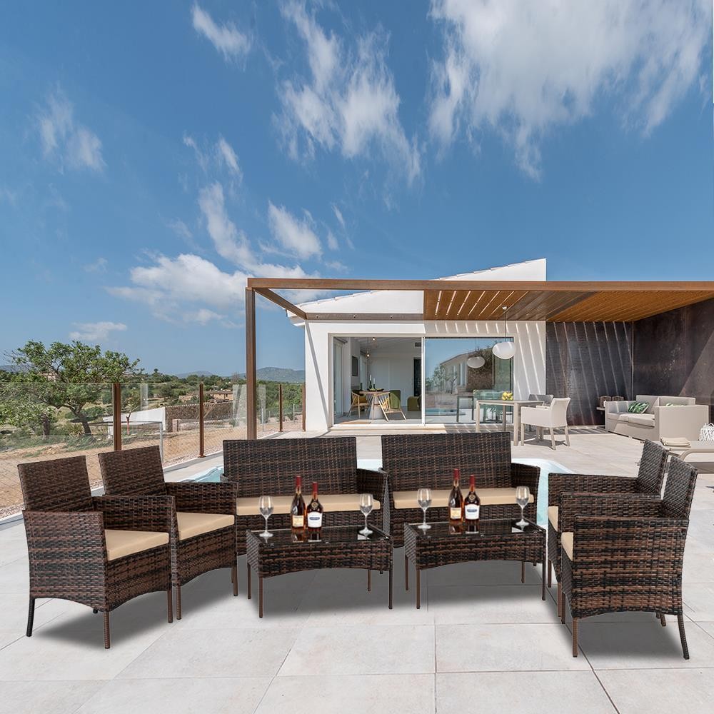 8 PCS Patio Lawn Rattan Wicker Furniture Set Cushioned Chair with Glass Table US
