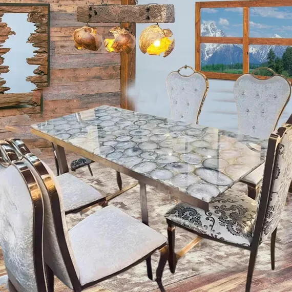 White agate stone center table top, agate stone countertop modern interio decor