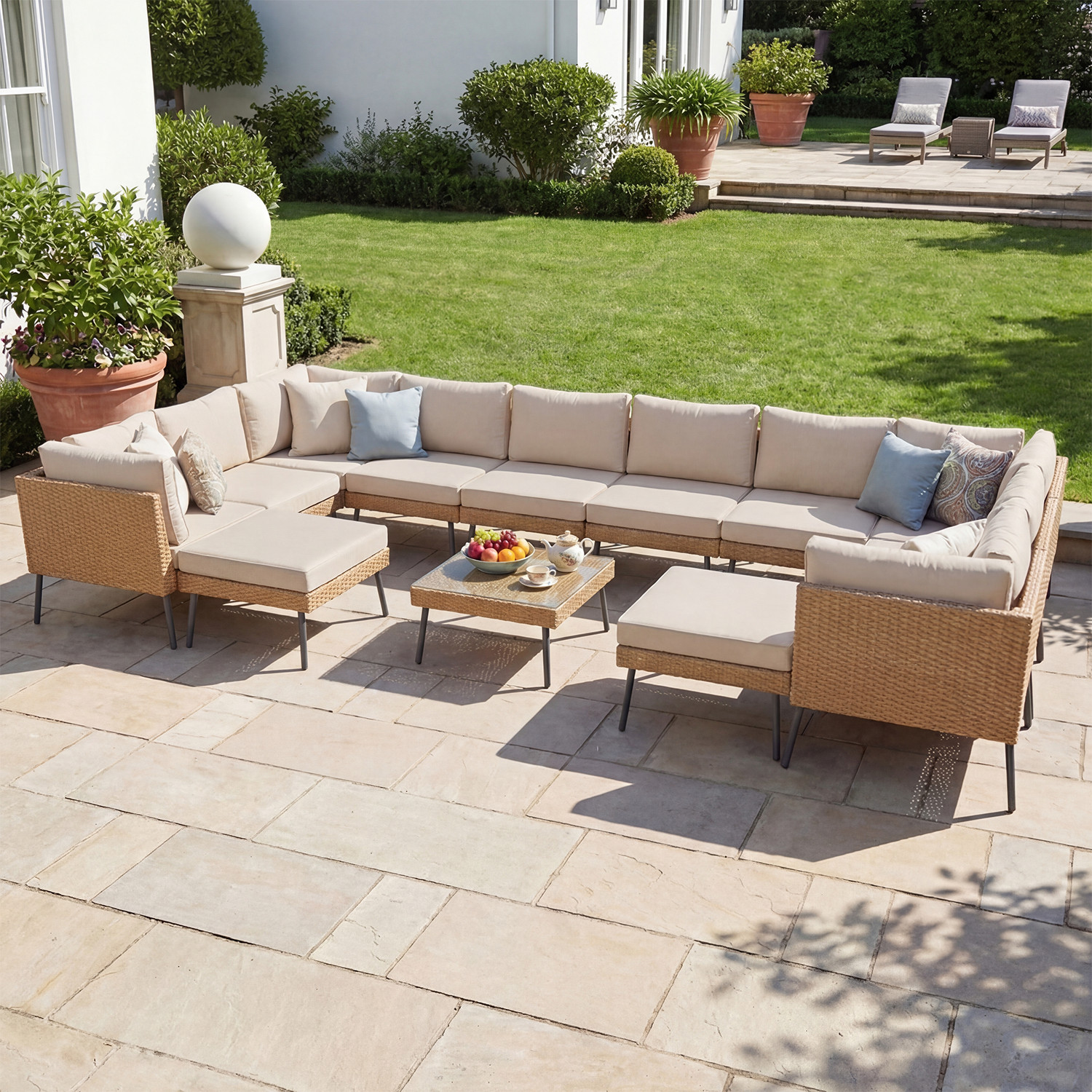 13-Piece High-Leg Beige Rattan Sofa Set 2 Corner+4 Armless+2 Ottoman