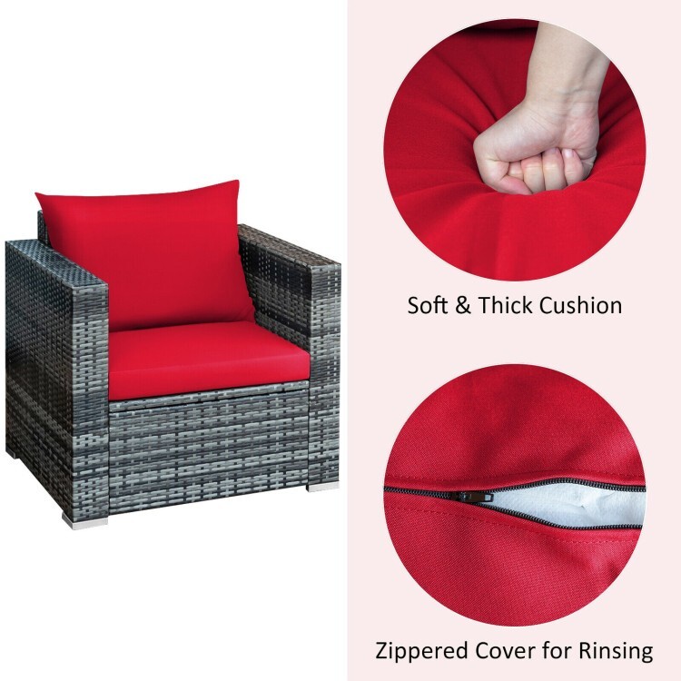 3 Piece Cushioned Sofa Chair Table Patio Outdoor Rattan Furniture Bistro Set Red