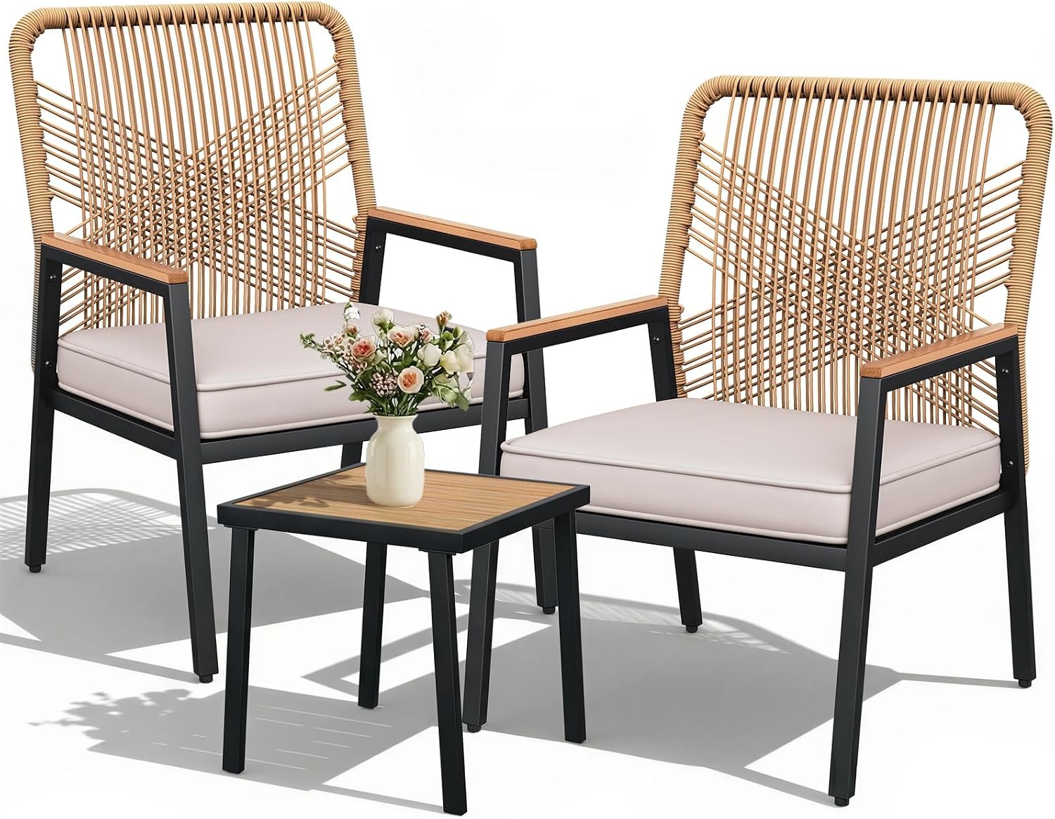 3-Piece Patio Furniture Set Outdoor Rattan Chairs W/ Table Garden Set W/ 3.15in