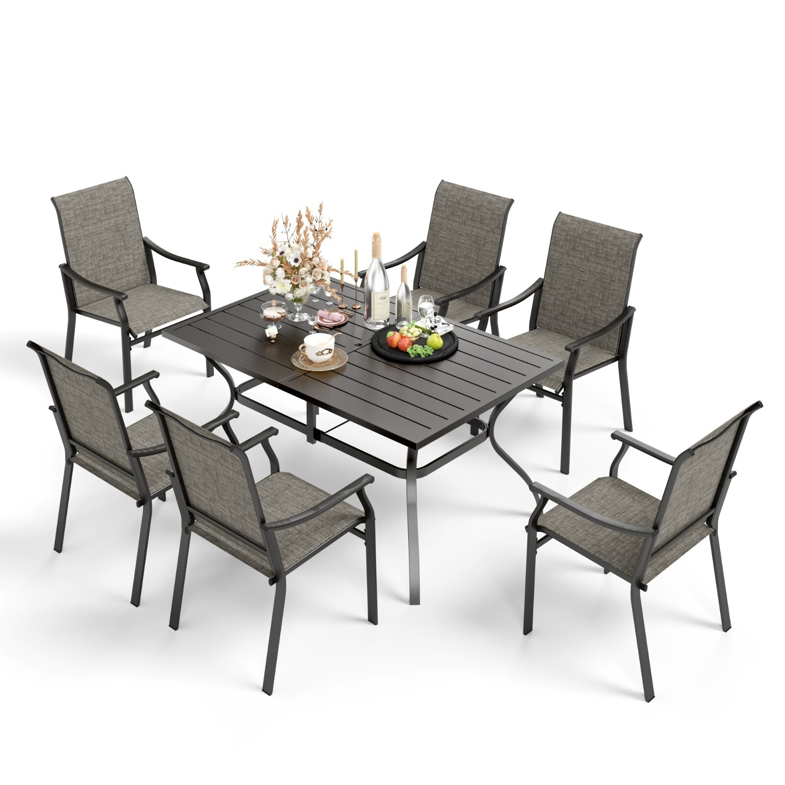 7 Piece Outdoor Patio Dining Set Fixed Chairs & Metal Table Heavy Duty for Lawn