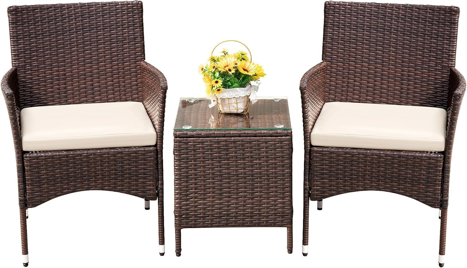 Patio Porch Furniture Sets 3 Pcs PE Rattan Wicker Chairs with Table Outdoor