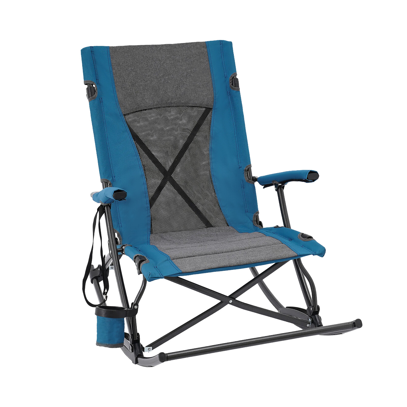 Folding Rocking Camping Chair Steel Frame Oxford Mesh Back Cup Holder 330 lb