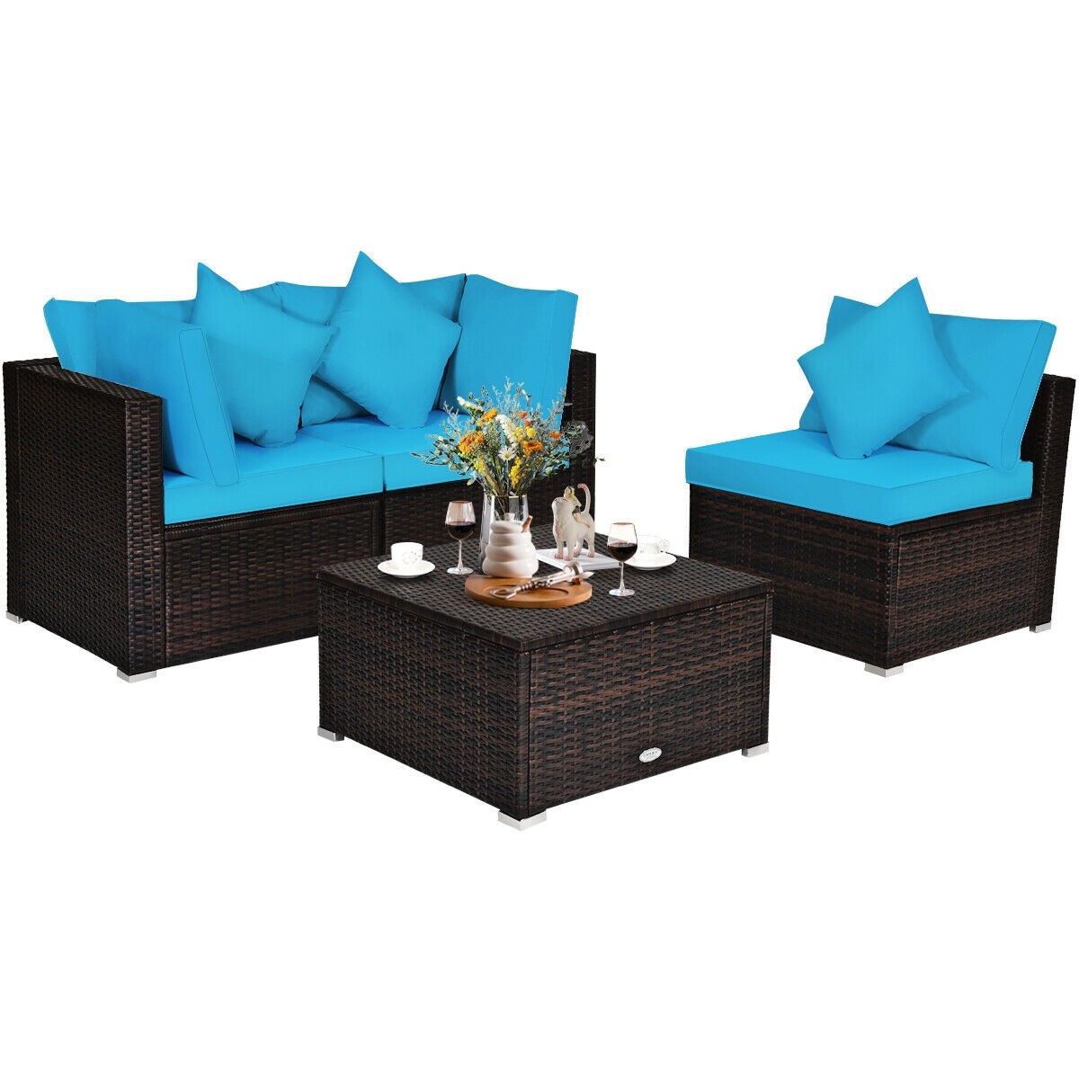 4 Pcs Ottoman Garden Deck Patio Rattan Wicker Furniture Set Cushioned Turquoise
