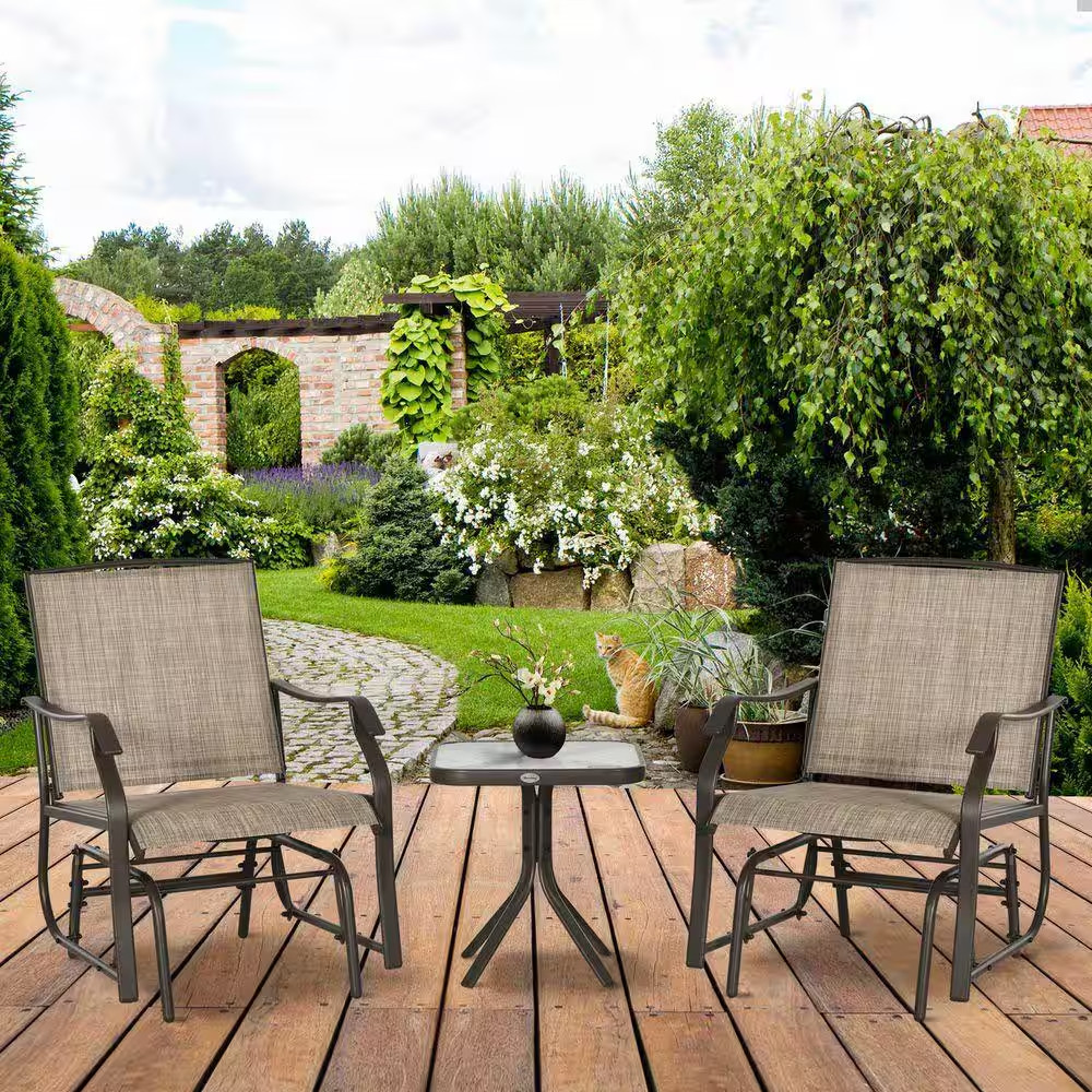 Brown 3-Piece Outdoor Metal Bistro Set with Coffee Table and 2 Rocking Swing Cha