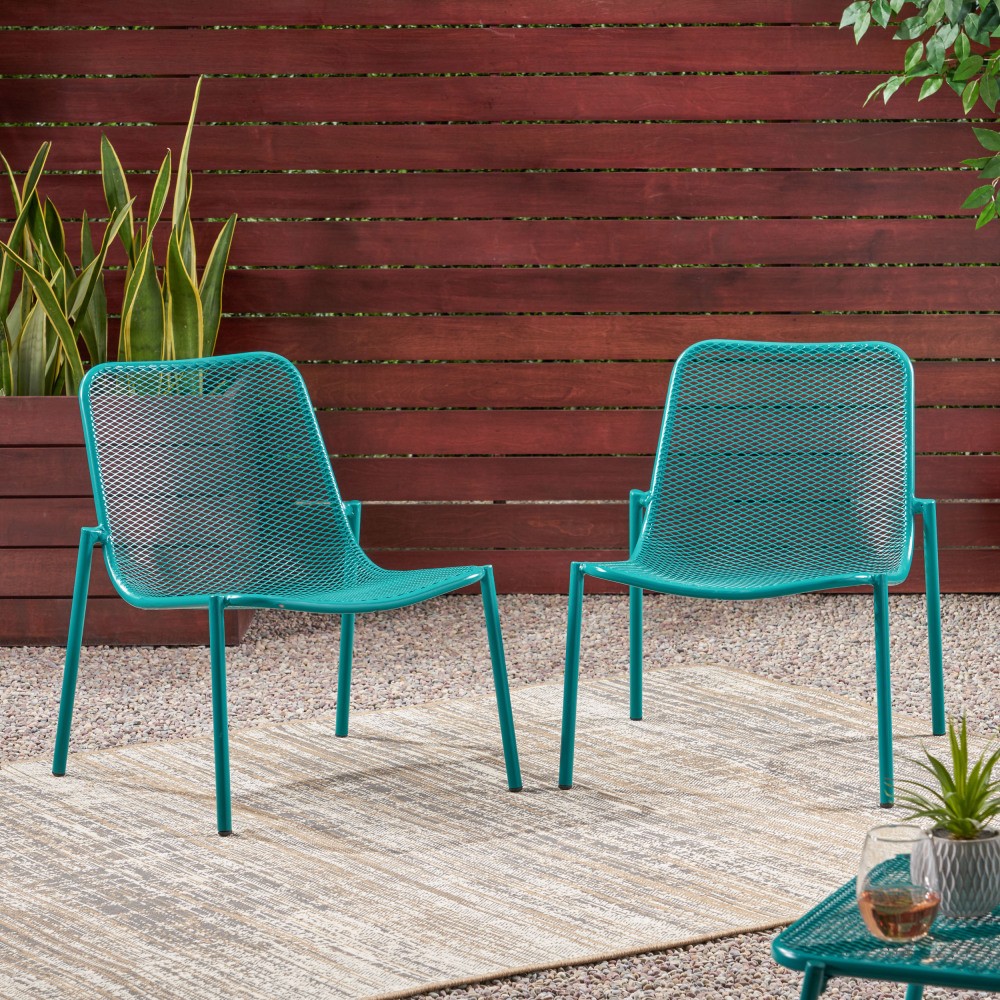 Set of 2 Teal Stackable Patio Chairs, Outdoor Mesh Seat & Powder-Coated Frame