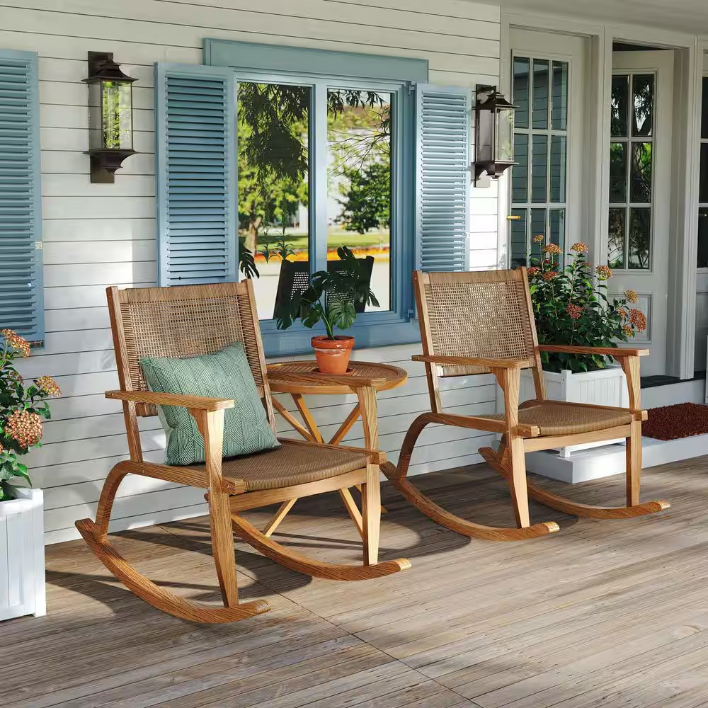 2-Piece Natural Acacia Wood Outdoor Rocking Chair Set with Wicker Rattan Seat an