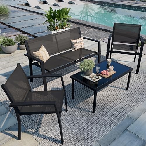 4 Pieces Patio Furniture Set All Weather Textile Fabric 4 Pieces Set Black