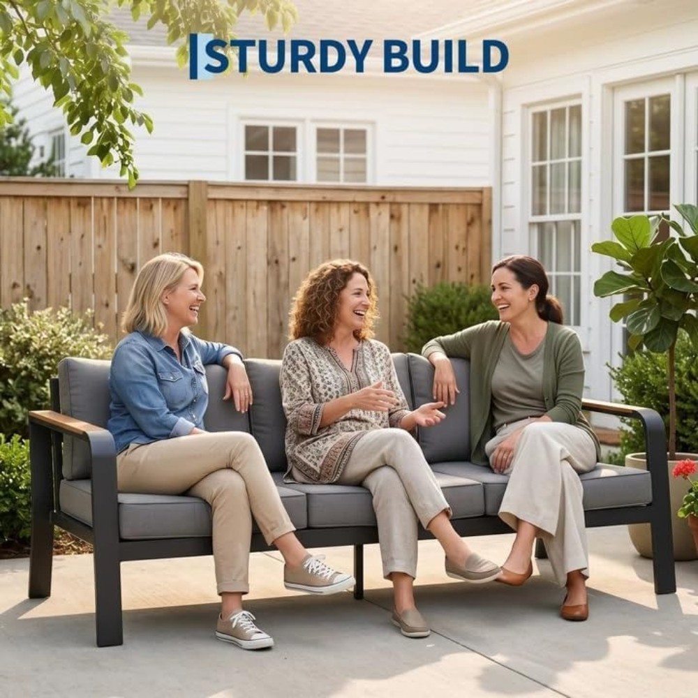 Outdoor Aluminum Patio Furniture 3-Seat All-Weather Metal Sofa w/ Cushion Garden