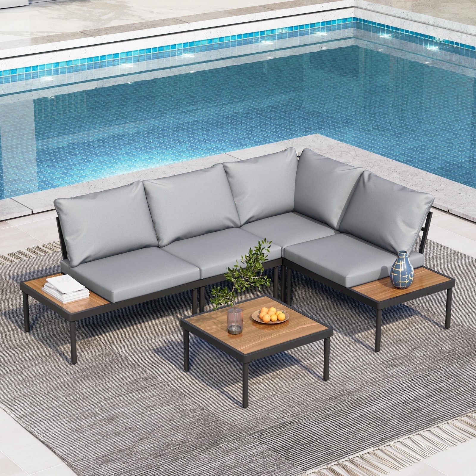 5pc L-Shape PE Rattan Set, Steel Sofa, Cushion Table Patio Garden Pool Balcony
