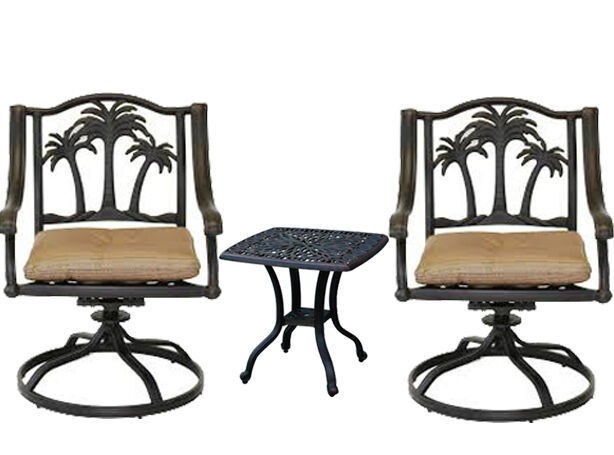 3 piece bistro patio set Palm Tree cast aluminum outdoor end table Bronze chairs