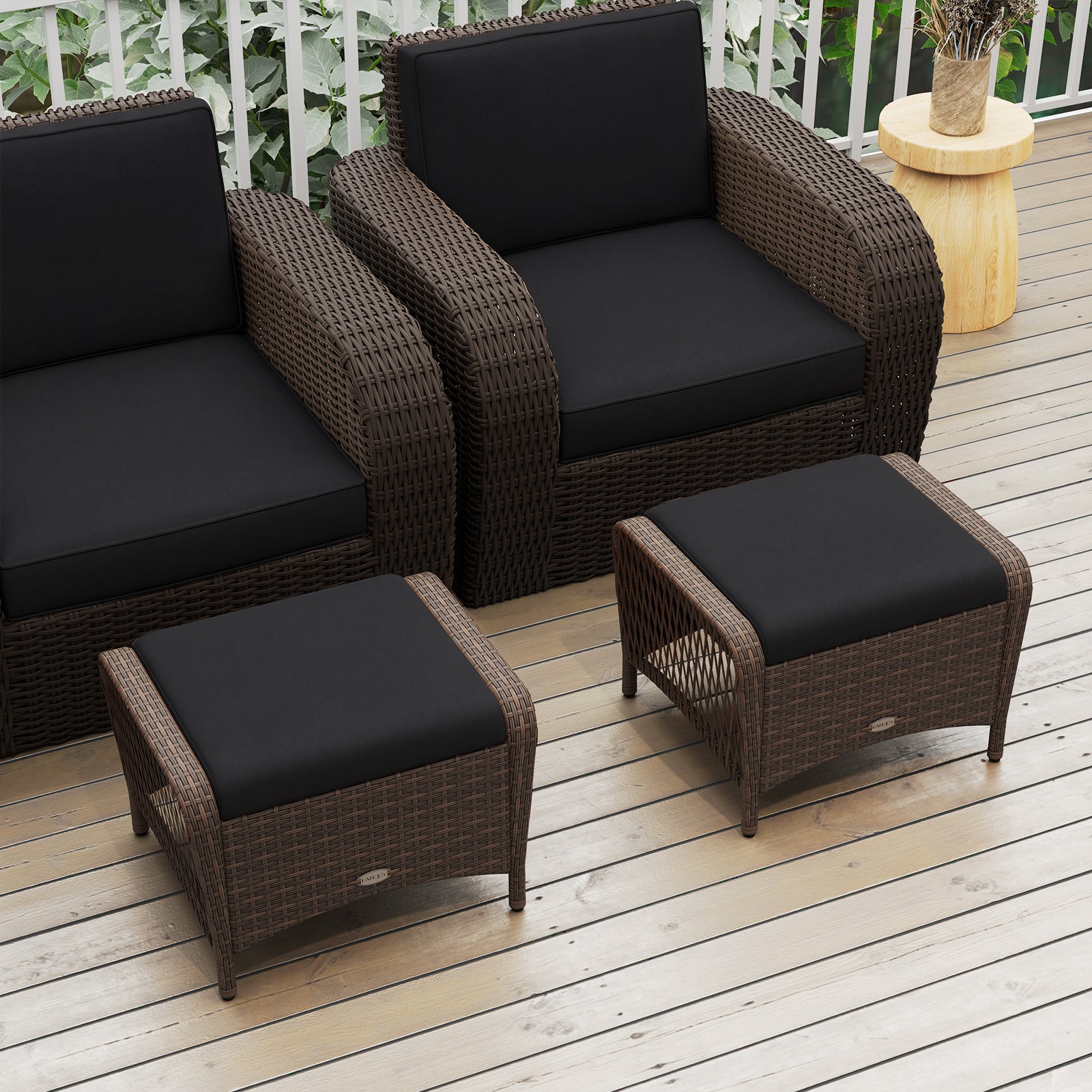 2 Pieces Outdoor Patio PE Wicker Ottomans w/Removable Cushions for Porch, Garden