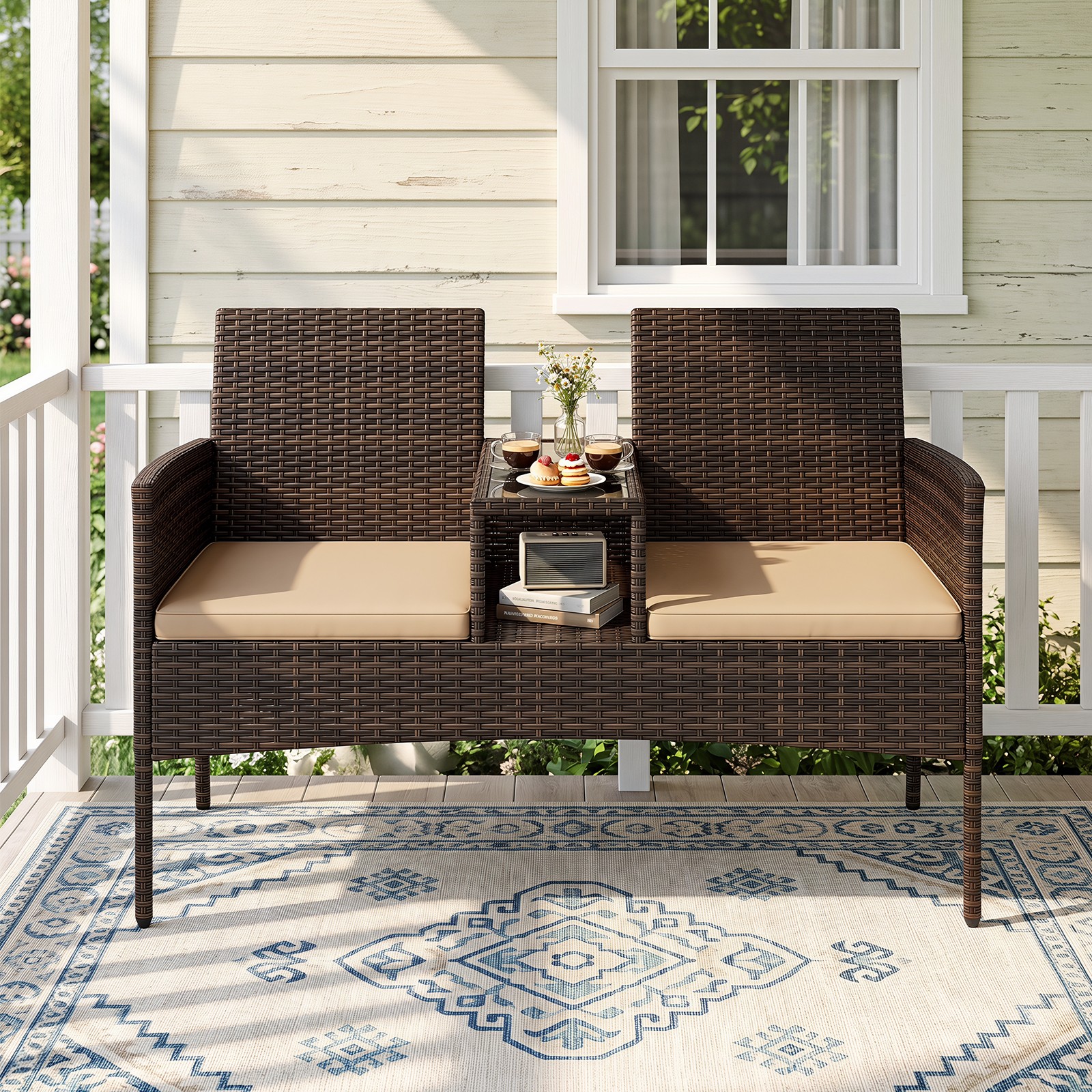 Patio Loveseat Wicker 2-Seat Conversation Set w/Built-in Coffee Table, Cushions