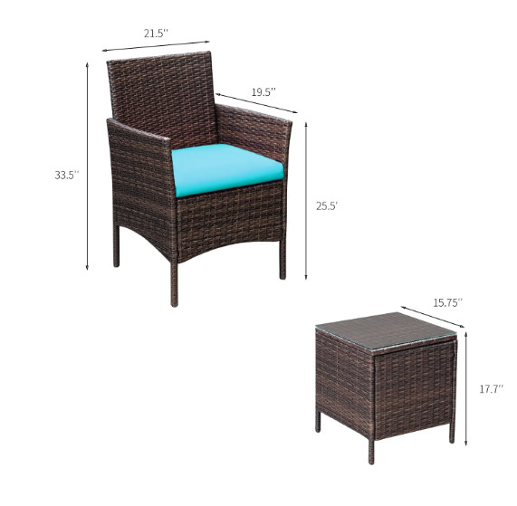 Devoko 3pc Outdoor Patio Conversation Set Wicker Bistro Chairs Blue