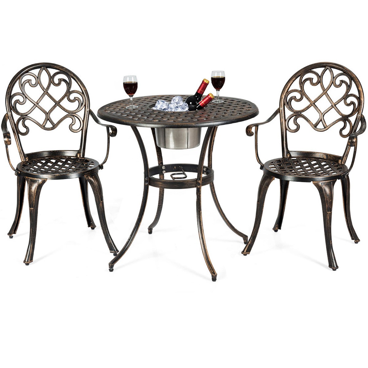 3pcs Outdoor Set Cast Aluminum Patio Bistro w/Attached Removable Ice Bucket